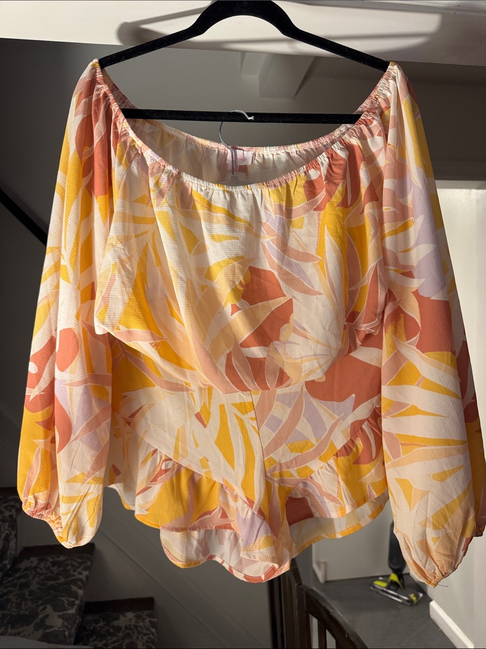 Off-Shoulder Floral Print Top in Yellow & Pink with matching shorts.